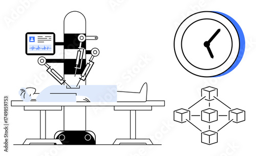 Medical robot performing surgery on patient with monitor, clock, and blockchain diagram. Ideal for healthcare, innovation, technology, automation, time management, digitalization modern medicine