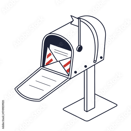 Minimal outline illustration of an open mailbox with a letter inside. Vector icon for communication, post, and messaging services