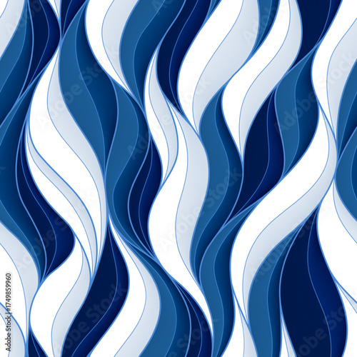 Seamless pattern with dark blue volumetric waves. Abstract background.
