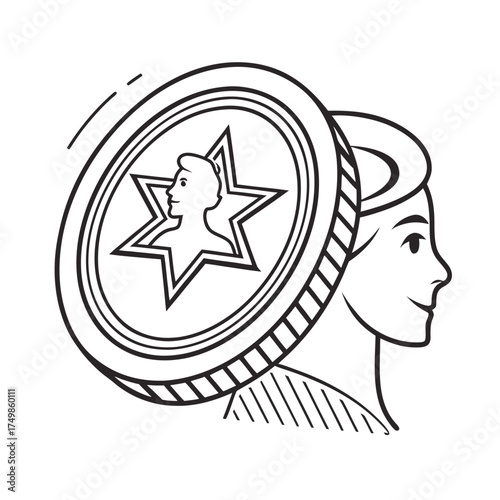 Monochrome vector icon showing a human head with a large coin, representing financial thoughts, savings, and investment strategy