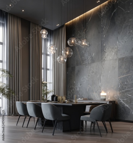 Modern Dining Room With Elegant Gray Decor and Stylish Hanging Lights During ...