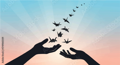 A woman's silhouette holding a flower at sunset with birds flying in the sky