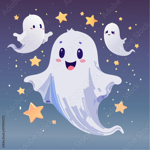 A whimsical illustration of three cute, friendly ghosts floating happily in a magical, star-filled night sky