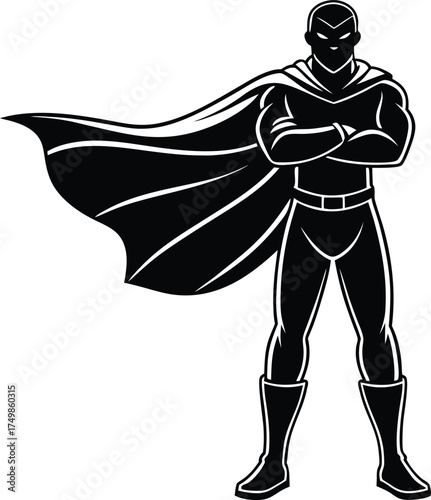 Black and white superhero standing confidently with a flowing cape and arms crossed