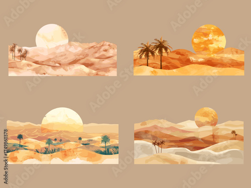 A collection of four desert landscape illustrations featuring rolling sand dunes, glowing suns, and palm trees in warm watercolor tones, capturing the serene beauty of arid environments.