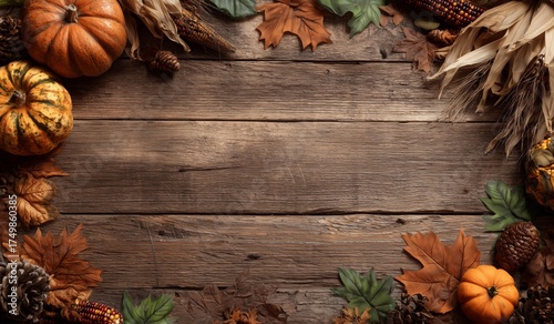 Fall Harvest Arrangement With Pumpkins, Leaves, and Corn on a Wooden Table
