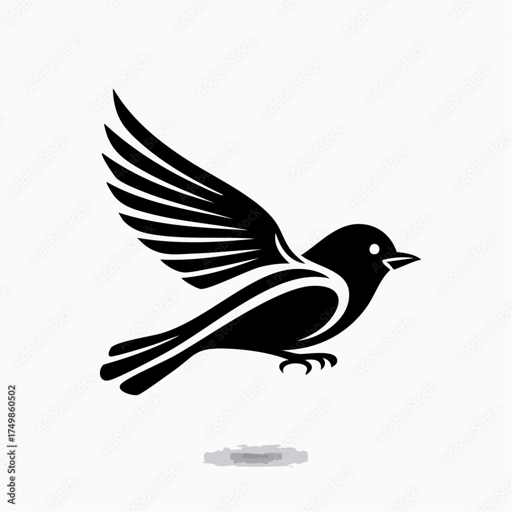 Obraz premium Black bird graphic soaring with outstretched wings on a white background
