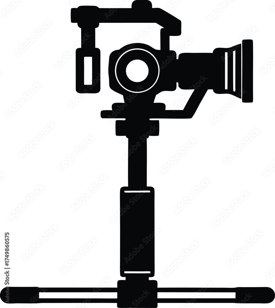Naklejka premium Black silhouette of a professional video camera mounted on a stabilizing gimbal stand for smooth filmmaking