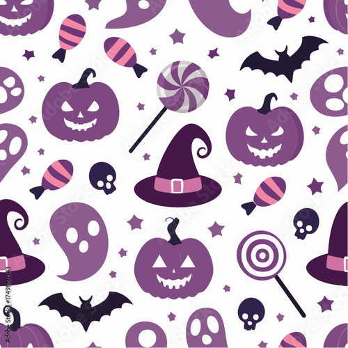 Festive seamless Halloween pattern with cute purple pumpkins, spooky ghosts, witch hats, and sweet candy on a white background
