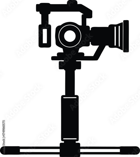 Black silhouette of a professional video camera mounted on a stabilizing gimbal stand for smooth filmmaking