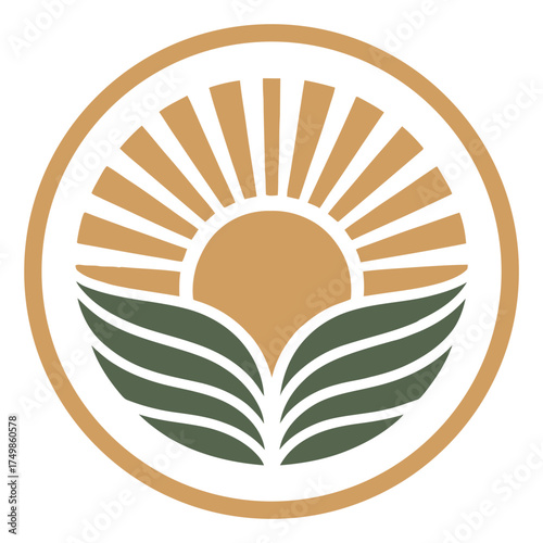 Sunrise Farm Field Logo Agricultural Business Emblem Sun Rays Crop Leaves Graphic