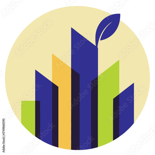 Sustainable Urban Development Icon - Green City Landscape with Leaf Symbolizing Eco-Friendly Growth