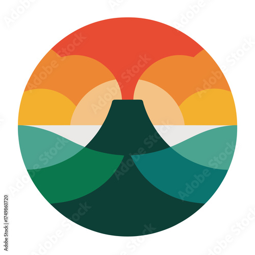 Volcano landscape sunset circle vector illustration