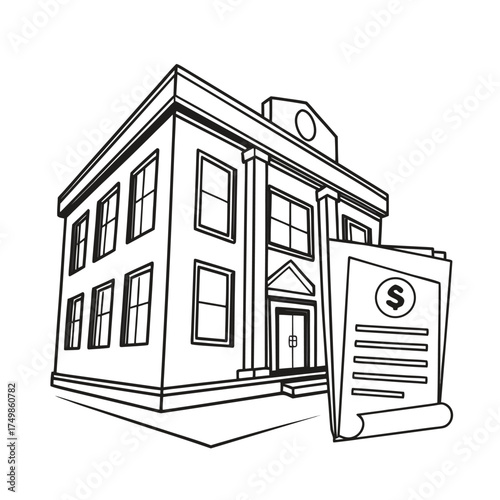 Monochrome line art illustration of a classical bank building with a financial loan agreement document showing a dollar sign symbol