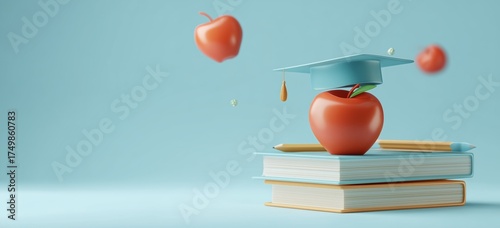 Graduation Themes With Books, Apple, and Cap Floating in Blue Background