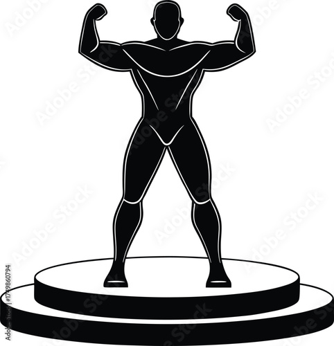 Champion bodybuilder stands proudly on a winners podium flexing his powerful biceps for recognition