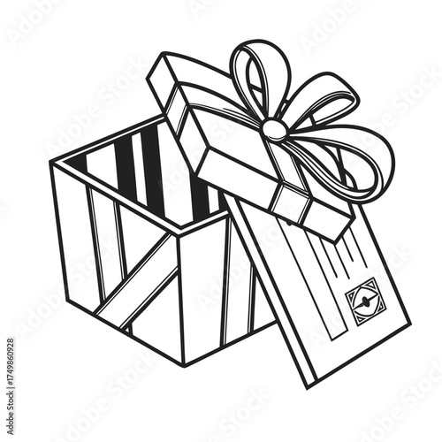 A black and white line art illustration of an open, empty gift box with a decorative ribbon and bow, isolated on a white background