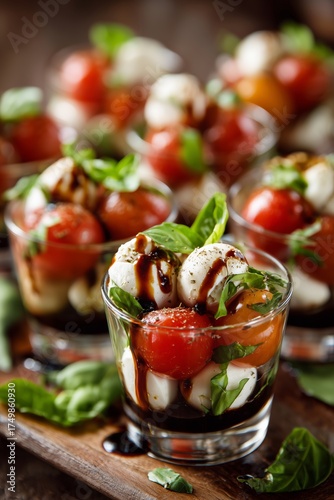 Freshly Baked Bruschetta With Roasted Tomatoes and Herbs on Wooden Board