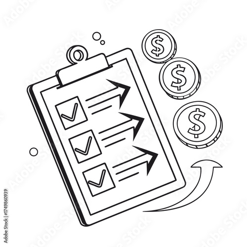 Outline vector graphic of a detailed shopping receipt featuring a prominent gift box icon, symbolizing a special discount, promotional voucher, or customer loyalty reward