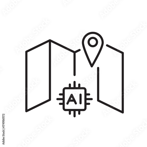 A vector icon of a map with an AI symbol, created in line style with editable stroke