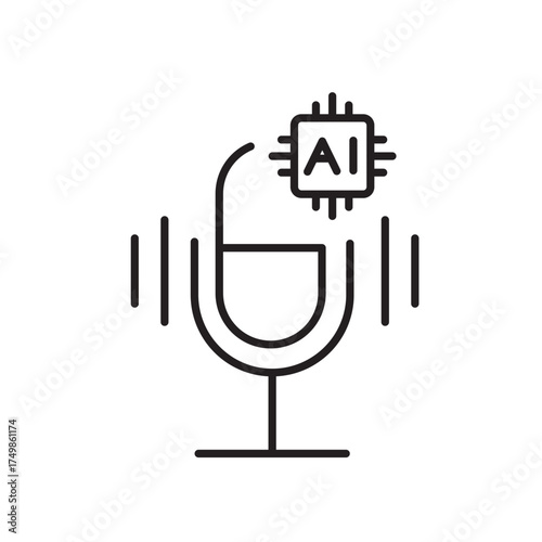 A vector icon of a voice microphone with an AI symbol, created in line style with editable stroke