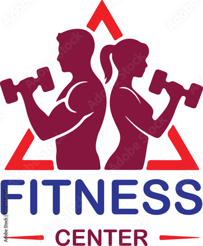 Modern fitness center logo design featuring silhouettes of a man and woman with a dumbbell and geometric triangle shape