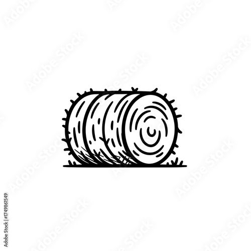 Hay bale on grassy field. Vector black and white outline icon on a transparent background is from the "Dairy Farm Icons" series. 