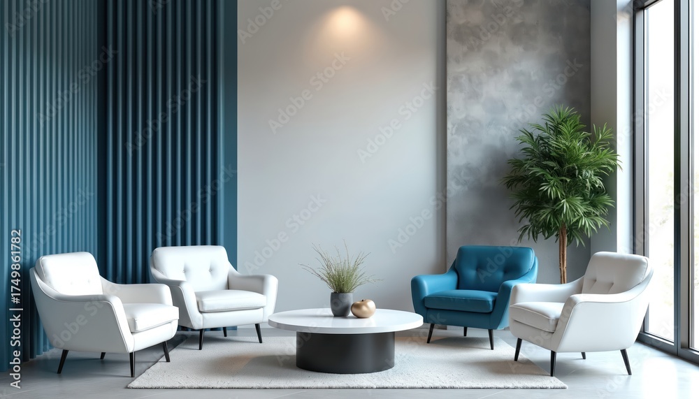 Fototapeta premium Modern lounge zone with blue, white armchairs near coffee table. Plant decorates apartment interior. Contemporary furniture arranged in living room. Elegant interior with decoration elements adds