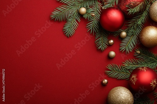 Decorative Christmas Ornaments and Greenery on Red Backdrop Create a Festive ...