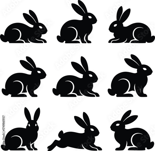 Collection of black rabbit icons and silhouettes on white background
