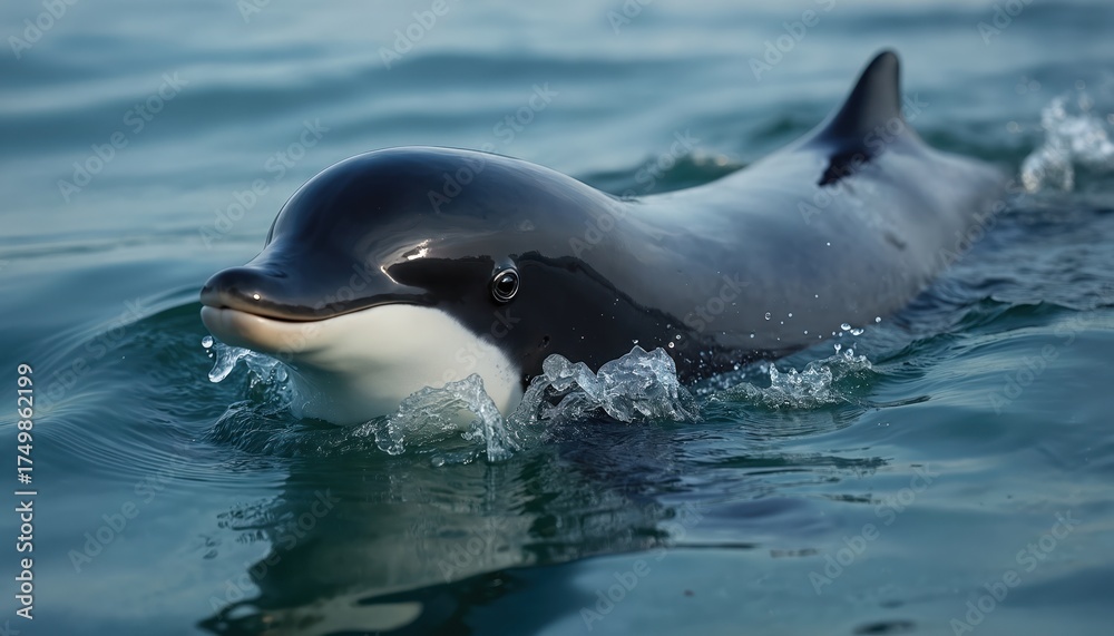 Obraz premium Porpoise swims in ocean water. Marine mammal surfaces with ripples. Black and white animal in natural habitat. Wildlife portrait in sea. Oceanography research of cetacean family.