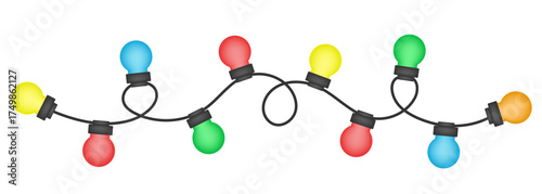 A garland of light bulbs. Christmas lights border. Vector 3D illustration.