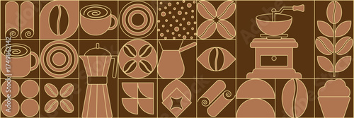 Geometric coffee pattern in minimalist style. Geometric line drawing. Abstract print background with simple shapes for coffee shop, food packaging, cafe wall, menu.