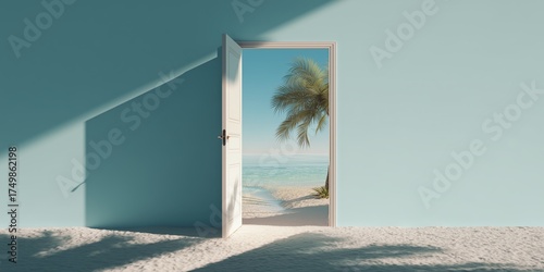 Open Door Revealing a Serene Beach Scene With Palm Trees and Calm Ocean Waters