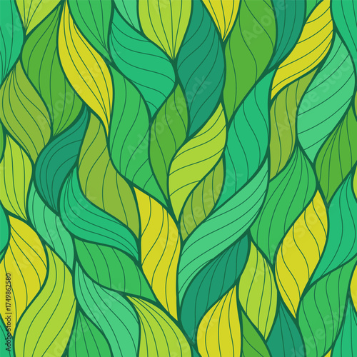 Seamless hand drawn wave pattern; waves background (seamless mosaic) in different shades of green. Can be used for wallpaper; pattern fills; web page backgrounds; surface textures.