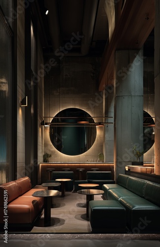 Modern Lounge With Stylish Seating and Circular Mirrors in an Urban Setting