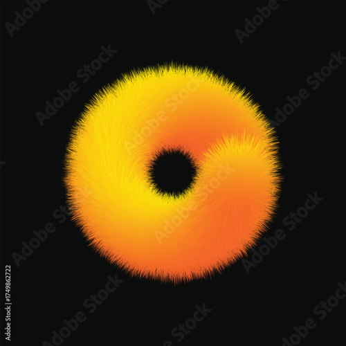 Vibrant abstract glowing orange ring with a fuzzy textured edge on a dark background