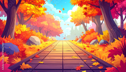Vibrant Autumn Pathway Lined with Colorful Trees Under a Sunny Sky