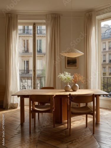 Elegant Dining Area With Wooden Table and Natural Light in Parisian Apartment