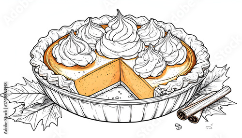 A delicious looking pumpkin pie with swirls of whipped cream, surrounded by cinnamon sticks and autumn leaves, perfect for Thanksgiving
