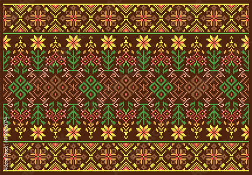 Beautiful Ukrainian embroidery pattern inspired by folk cross stitch art. This vector illustration Perfect for textile design, folk art prints, fabric decoration, cultural pattern projects