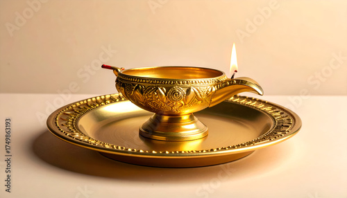 A traditional Indian oil lamp, a diya, shines brightly on a golden plate, symbolizing spirituality and festivity