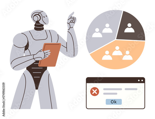 Robot holding tablet pointing toward segmented team graphic and error prompt. Ideal for technology, decision-making, data analysis, AI applications, automation, team management, problem-solving