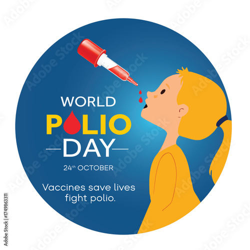 World polio day october 24th with a drop symbolizing vaccination and life-threatening disease caused by the poliovirus. Vector illustration