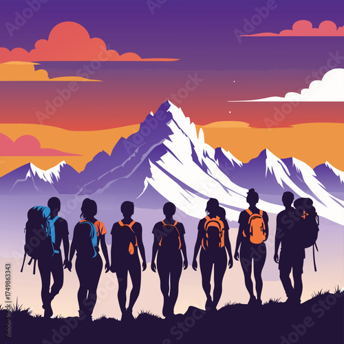 A group of hikers with backpacks trekking in a mountain range during a scenic sunset or sunrise vector illustration