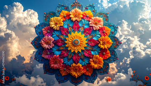A beautiful, vibrant, and intricate mandala-style floral design floats against a dreamy, cloudy sky background, symbolizing peace and spirituality