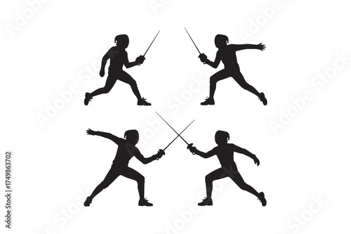 Silhouettes of fencers in action displaying different poses