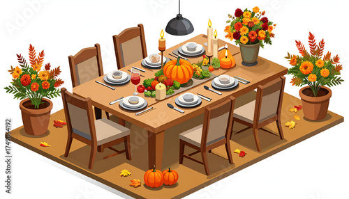 Cozy Autumn Dining Room Scene with Thanksgiving Table Setting and Floral Arrangements