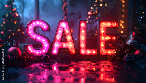 Eye-catching pink and red lit 'SALE' sign shining brightly, surrounded by twinkling festive decorations and evergreen branches, perfect for seasonal promotions and special offers