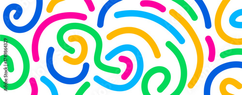Colorful Abstract Scribble Pattern background. Fun vector seamless background with wiggly, thick doodle lines in bright primary colors. Perfect for kids, party, textile, and youthful branding.